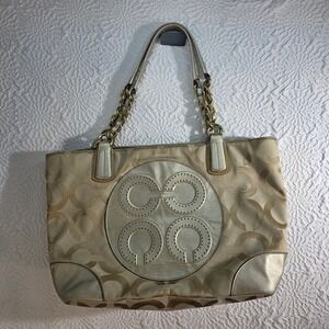 Coach Colette Large Signature Tote Champagne Gold Metallic Leather Bag 16491